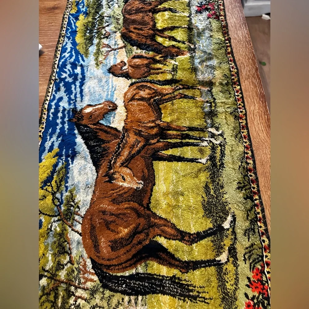 Vintage ITALIAN Velvet WILD HORSES Equine WALL Hanging TAPESTRY Rug MCM Italy